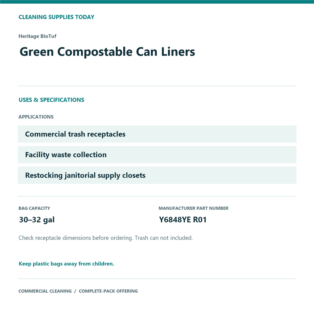 Heritage BioTuf Green Compostable Can Liners, 30–32 gal, 1 mil – 100 Bags/Case – uses and product specifications