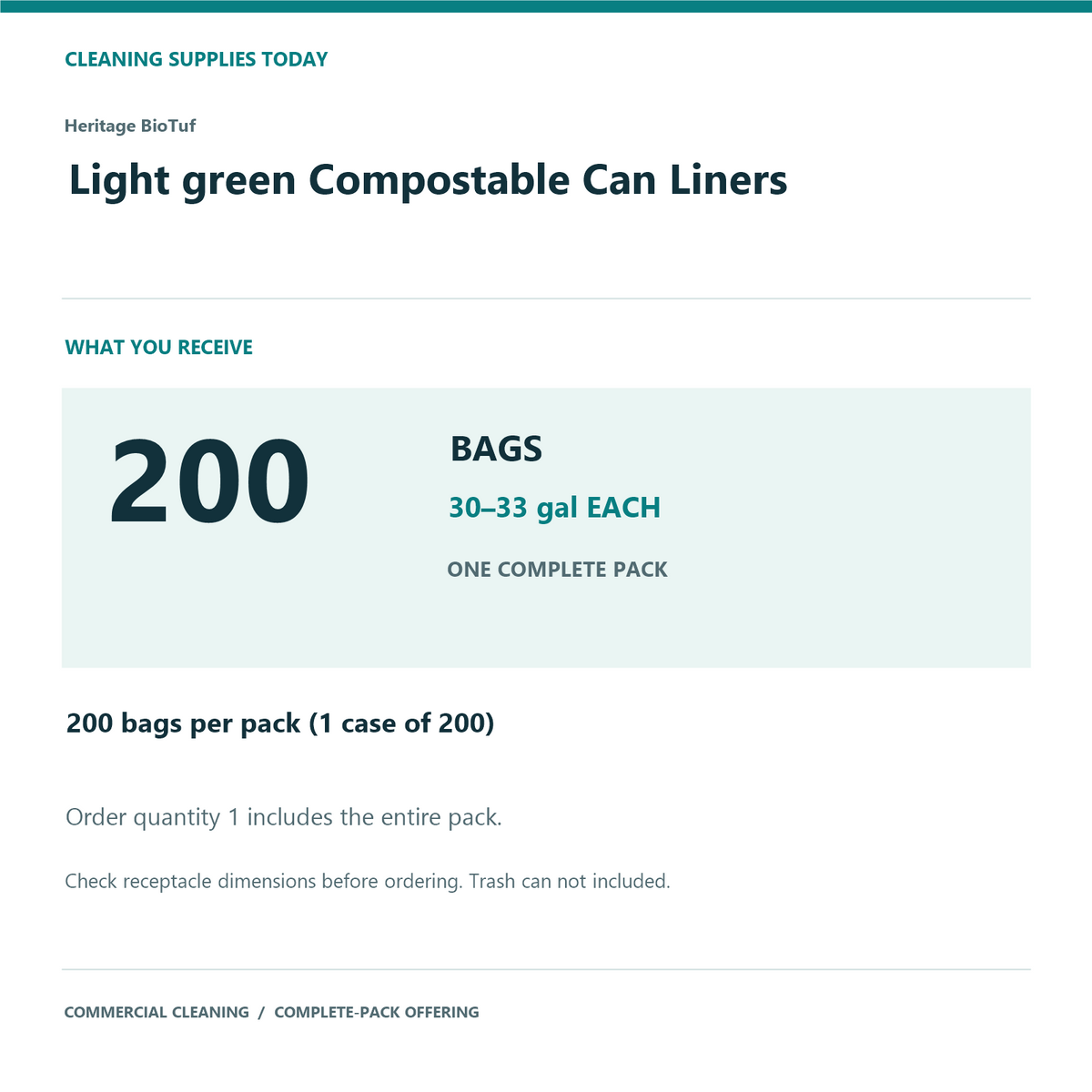 Heritage BioTuf Light green Compostable Can Liners, 30–33 gal, 0.9 mil – 200 Bags/Case – complete pack quantity