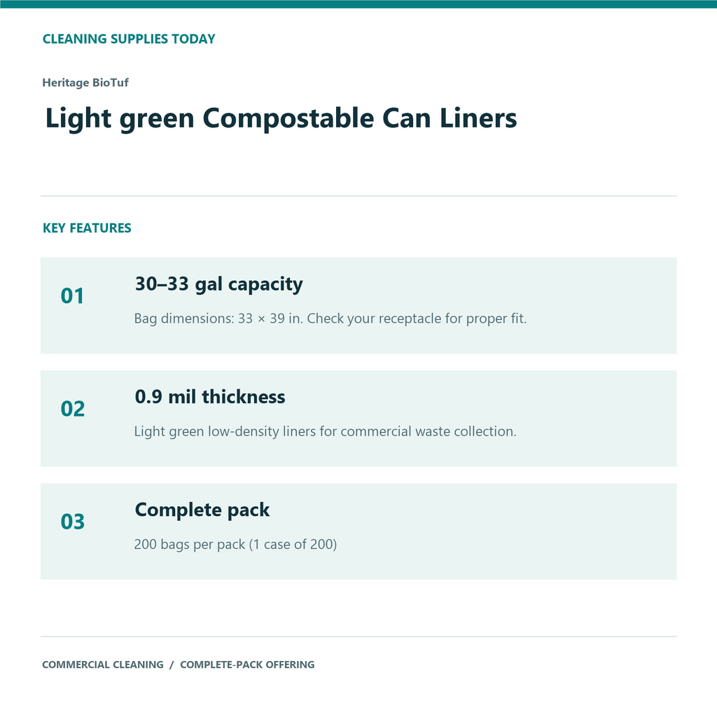 Heritage BioTuf Light green Compostable Can Liners, 30–33 gal, 0.9 mil – 200 Bags/Case – features and specifications