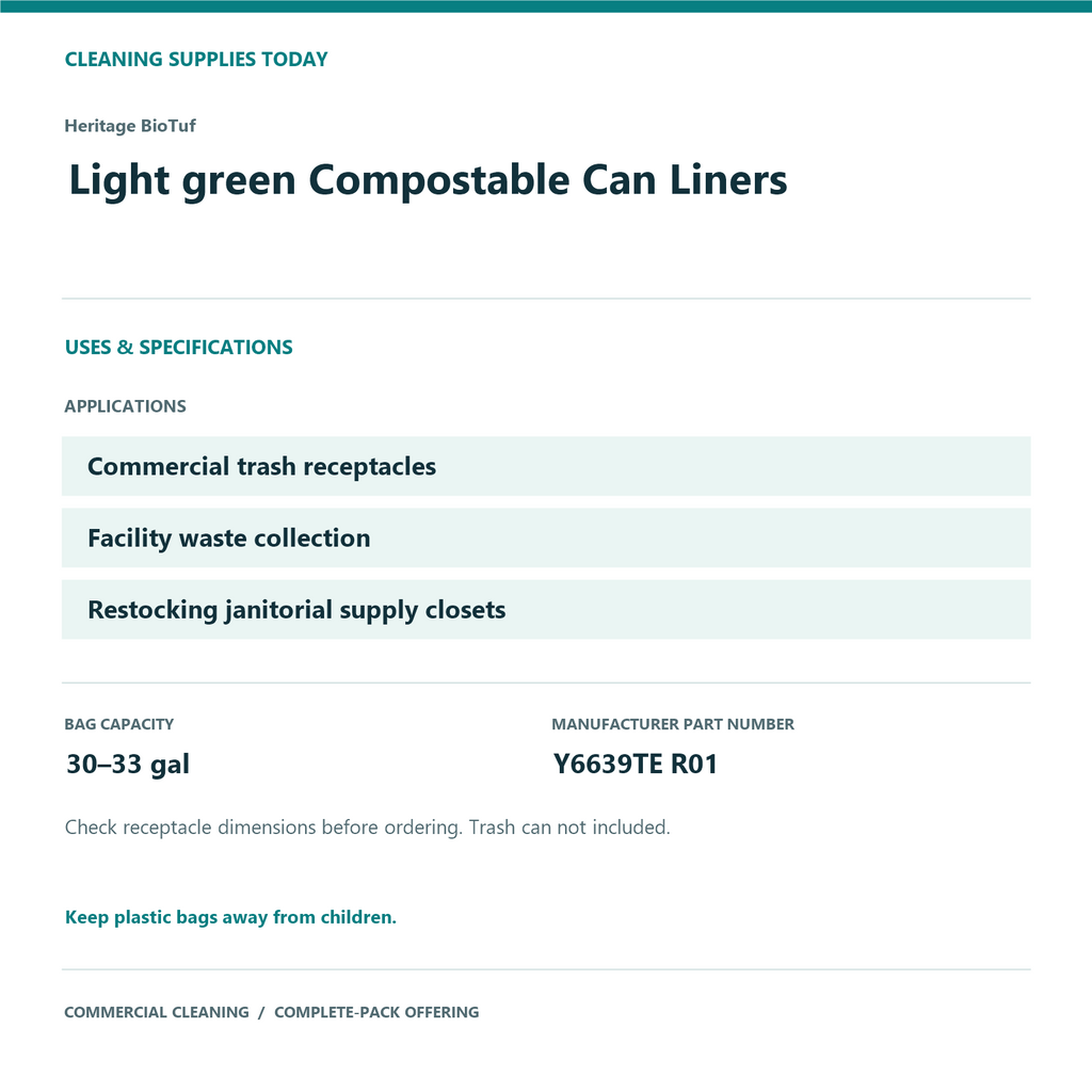 Heritage BioTuf Light green Compostable Can Liners, 30–33 gal, 0.9 mil – 200 Bags/Case – uses and product specifications