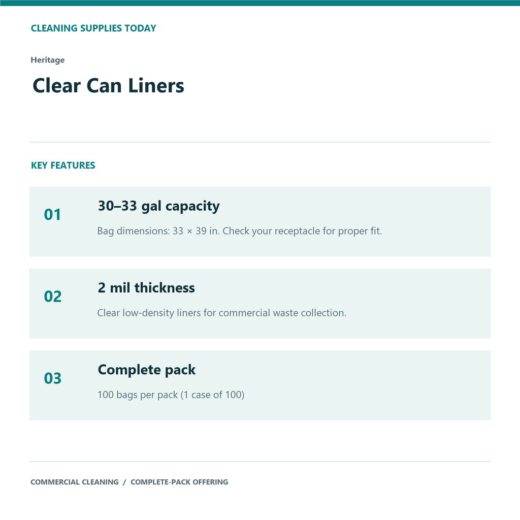 Heritage Clear Can Liners, 30–33 gal, 2 mil – 100 Bags/Case – features and specifications