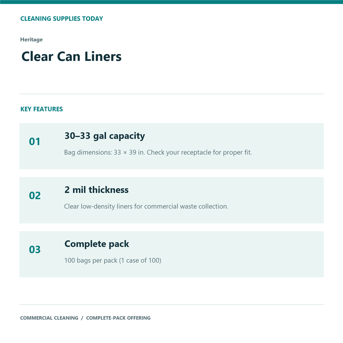 Heritage Clear Can Liners, 30–33 gal, 2 mil – 100 Bags/Case – features and specifications