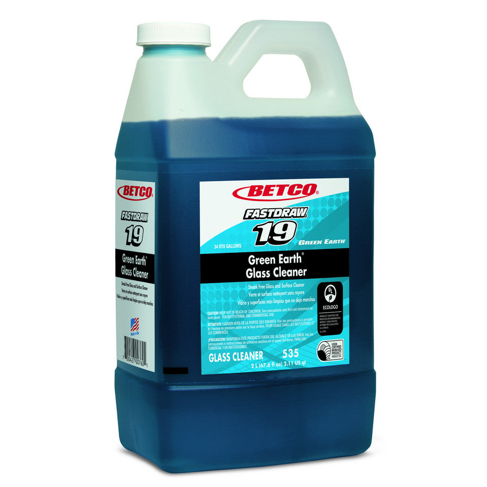Betco FastDraw 19 Green Earth glass cleaner, 2 liter bottle, MPN 5354700