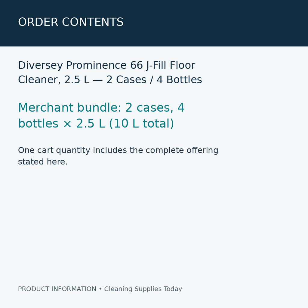 Diversey Prominence 66 J-Fill Floor Cleaner, 2.5 L — 2 Cases / 4 Bottles — order contents information card