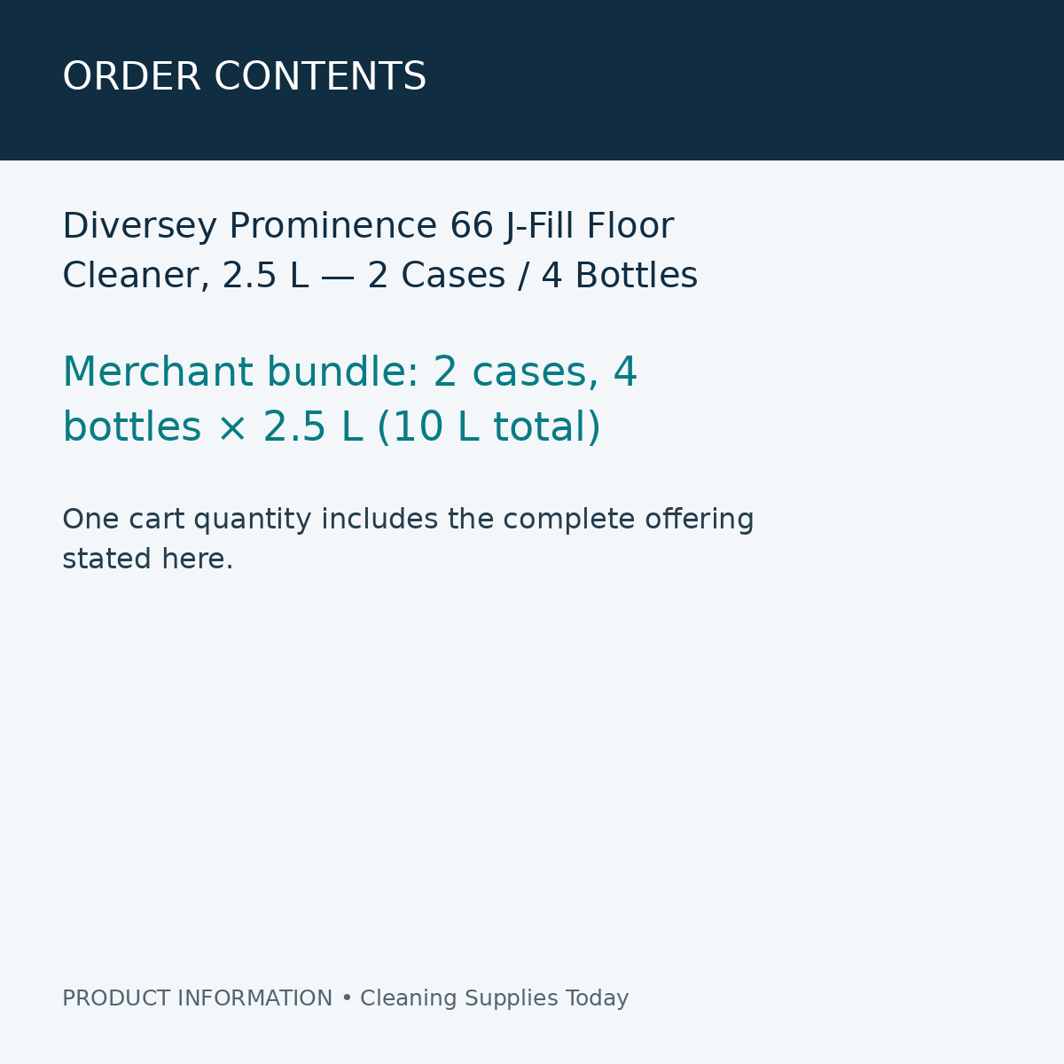 Diversey Prominence 66 J-Fill Floor Cleaner, 2.5 L — 2 Cases / 4 Bottles — order contents information card