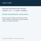 Diversey Prominence 66 J-Fill Floor Cleaner, 2.5 L — 2 Cases / 4 Bottles — use & care information card