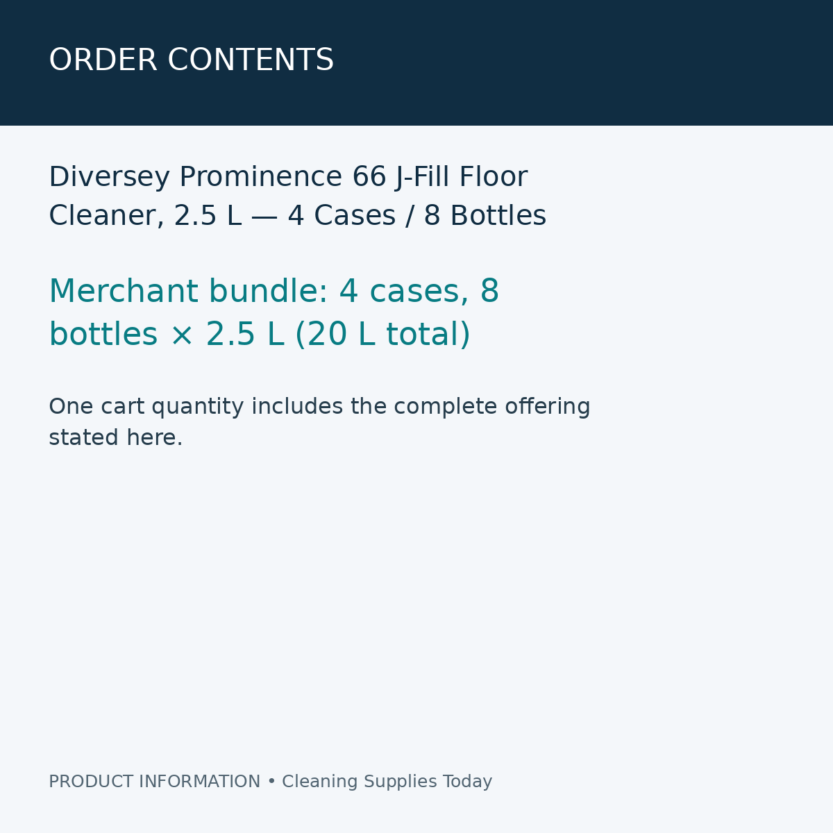 Diversey Prominence 66 J-Fill Floor Cleaner, 2.5 L — 4 Cases / 8 Bottles — order contents information card