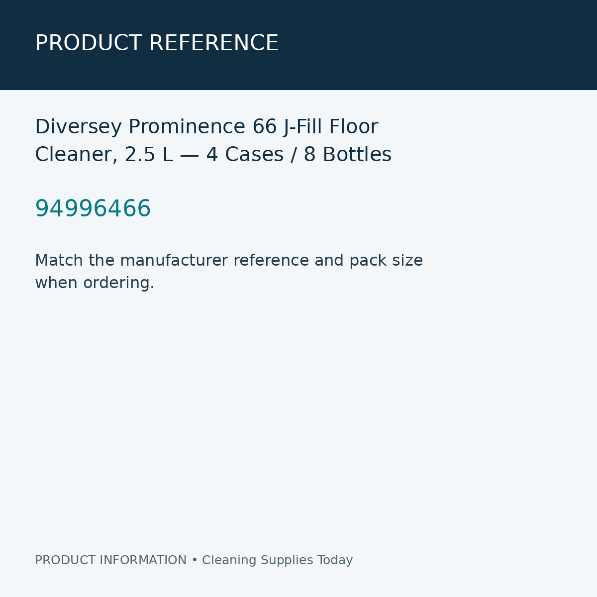 Diversey Prominence 66 J-Fill Floor Cleaner, 2.5 L — 4 Cases / 8 Bottles — product reference information card