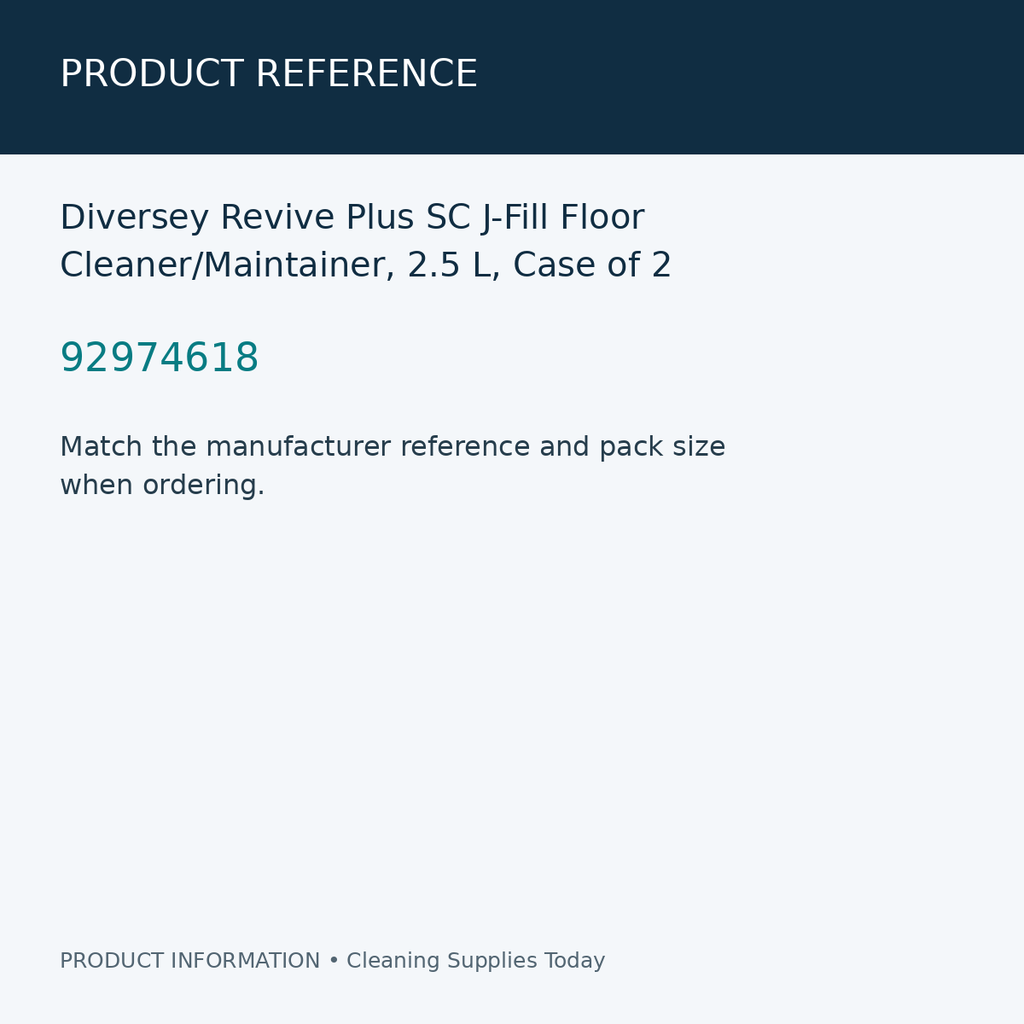 Diversey Revive Plus SC J-Fill Floor Cleaner/Maintainer, 2.5 L, Case of 2 — product reference information card