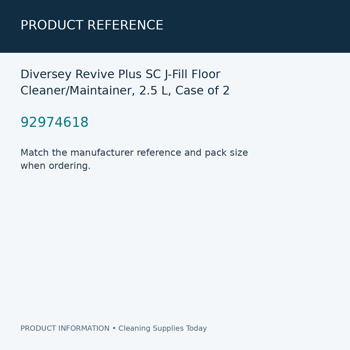 Diversey Revive Plus SC J-Fill Floor Cleaner/Maintainer, 2.5 L, Case of 2 — product reference information card