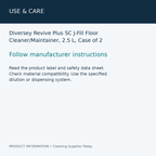 Diversey Revive Plus SC J-Fill Floor Cleaner/Maintainer, 2.5 L, Case of 2 — use & care information card
