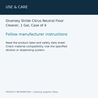 Diversey Stride Citrus Neutral Floor Cleaner, 1 Gal, Case of 4 — use & care information card