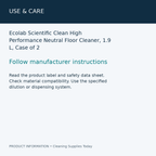 Ecolab Scientific Clean High Performance Neutral Floor Cleaner, 1.9 L, Case of 2 — use & care information card