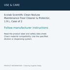 Ecolab Scientific Clean No/Low Maintenance Floor Cleaner & Protector, 1.9 L, Case of 2 — use & care information card