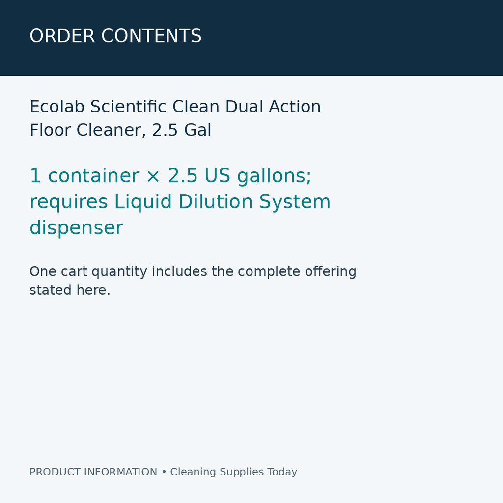 Ecolab Scientific Clean Dual Action Floor Cleaner, 2.5 Gal — order contents information card