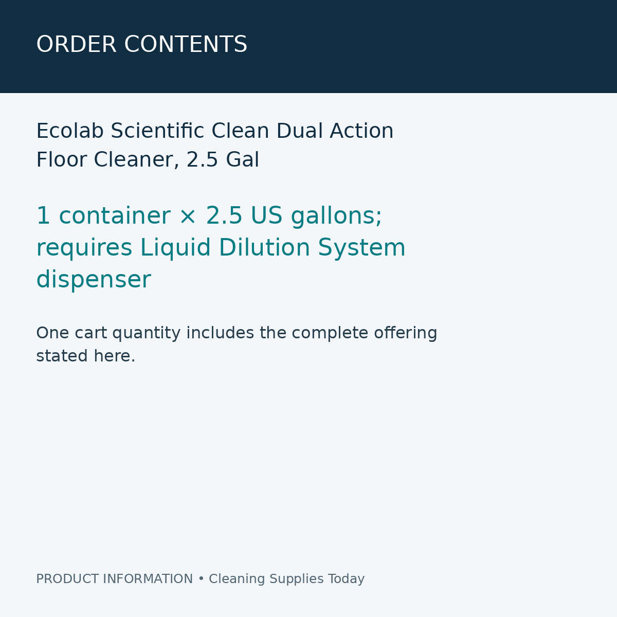 Ecolab Scientific Clean Dual Action Floor Cleaner, 2.5 Gal — order contents information card