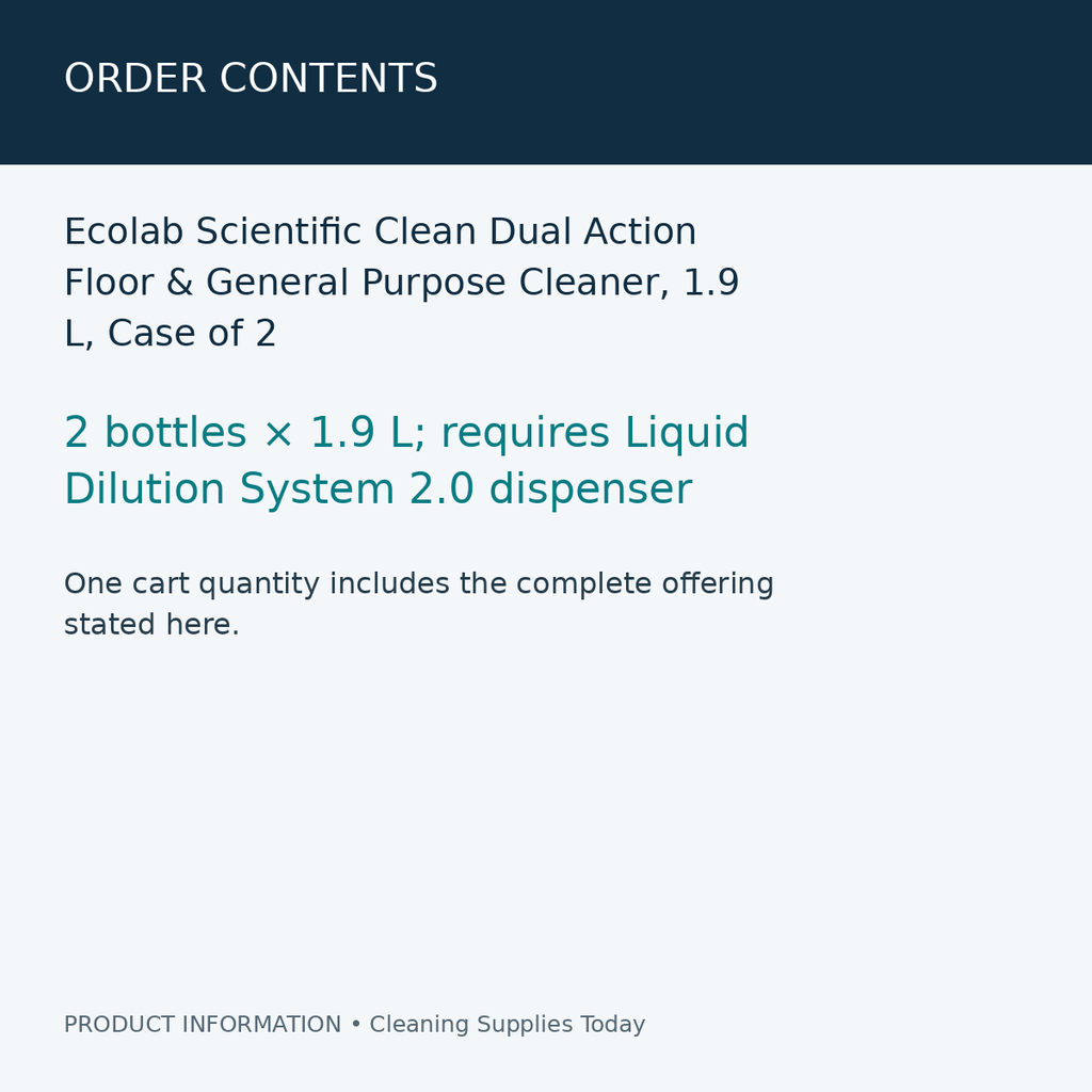 Ecolab Scientific Clean Dual Action Floor & General Purpose Cleaner, 1.9 L, Case of 2 — order contents information card