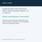 Ecolab Scientific Clean Dual Action Floor & General Purpose Cleaner, 1.9 L, Case of 2 — use & care information card