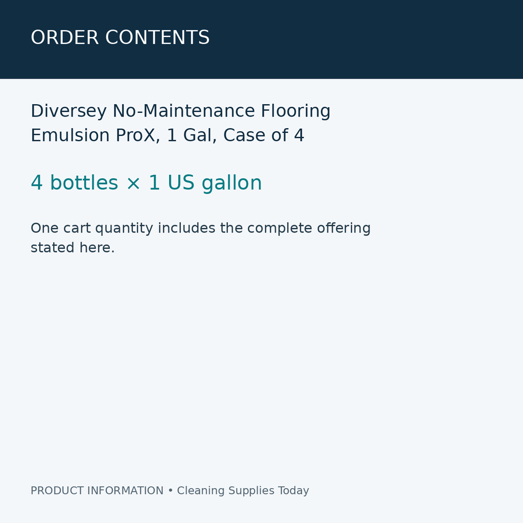 Diversey No-Maintenance Flooring Emulsion ProX, 1 Gal, Case of 4 — order contents information card