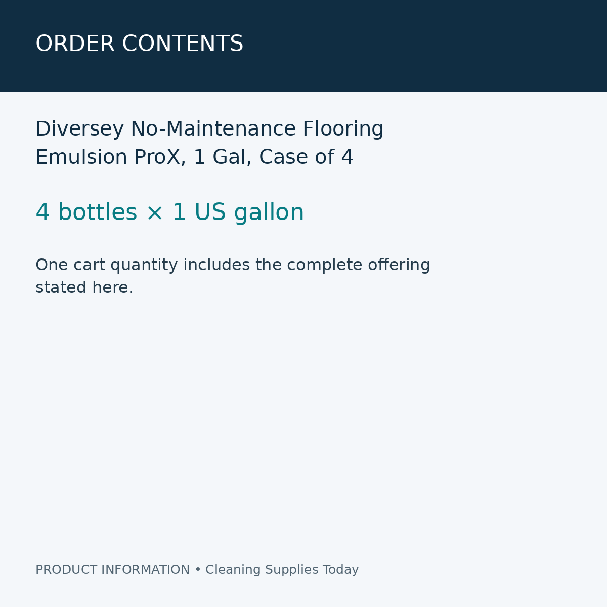 Diversey No-Maintenance Flooring Emulsion ProX, 1 Gal, Case of 4 — order contents information card