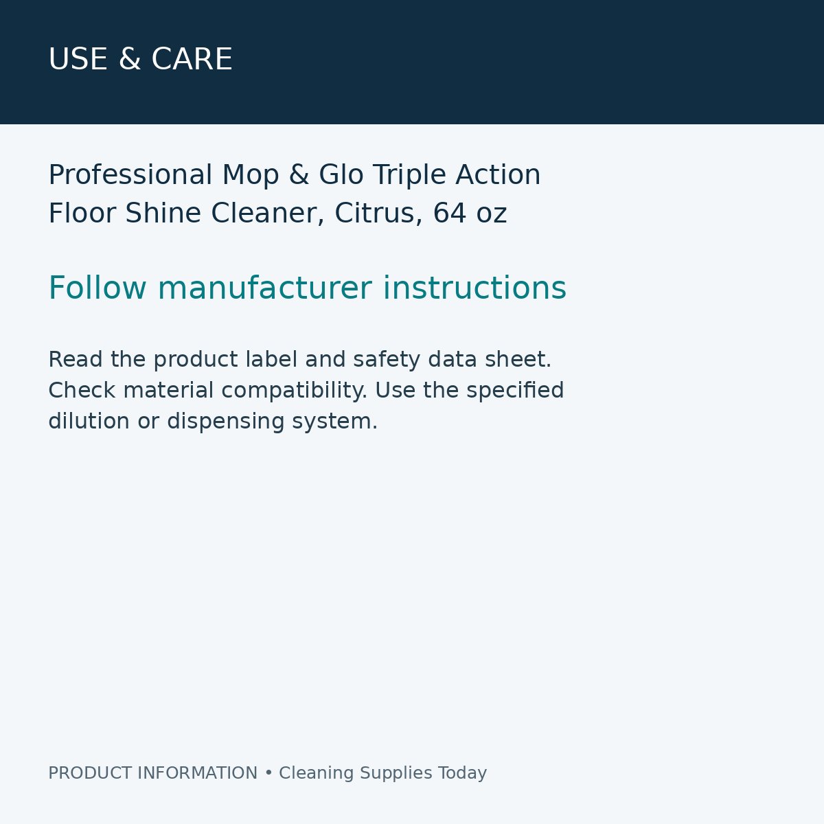 Professional Mop & Glo Triple Action Floor Shine Cleaner, Citrus, 64 oz — use & care information card