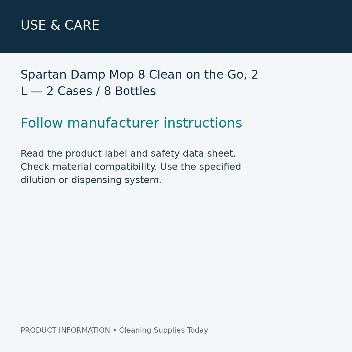 Spartan Damp Mop 8 Clean on the Go, 2 L — 2 Cases / 8 Bottles — use & care information card