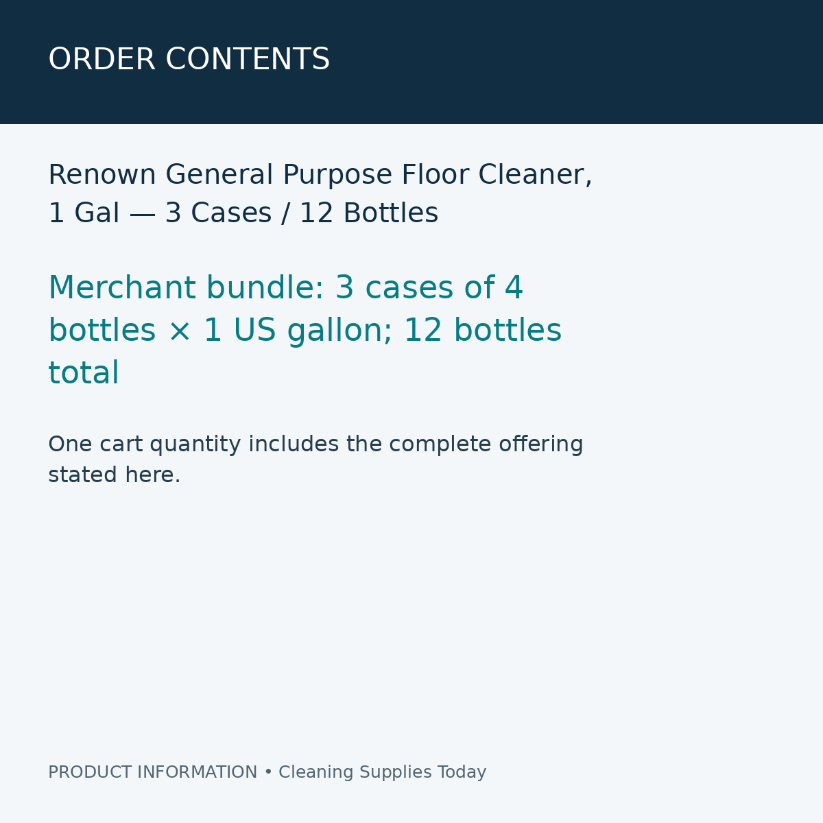 Renown General Purpose Floor Cleaner, 1 Gal — 3 Cases / 12 Bottles — order contents information card