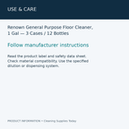 Renown General Purpose Floor Cleaner, 1 Gal — 3 Cases / 12 Bottles — use & care information card