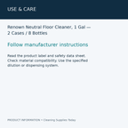 Renown Neutral Floor Cleaner, 1 Gal — 2 Cases / 8 Bottles — use & care information card