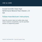 Ecolab Scientific Clean High Performance Neutral Floor Cleaner, 2.5 Gal — use & care information card