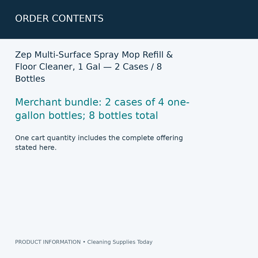 Zep Multi-Surface Spray Mop Refill & Floor Cleaner, 1 Gal — 2 Cases / 8 Bottles — order contents information card