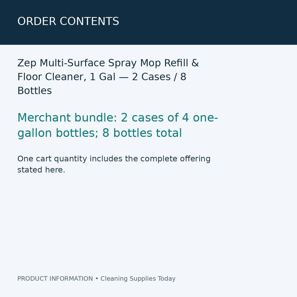 Zep Multi-Surface Spray Mop Refill & Floor Cleaner, 1 Gal — 2 Cases / 8 Bottles — order contents information card
