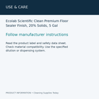 Ecolab Scientific Clean Premium Floor Sealer Finish, 20% Solids, 5 Gal — use & care information card