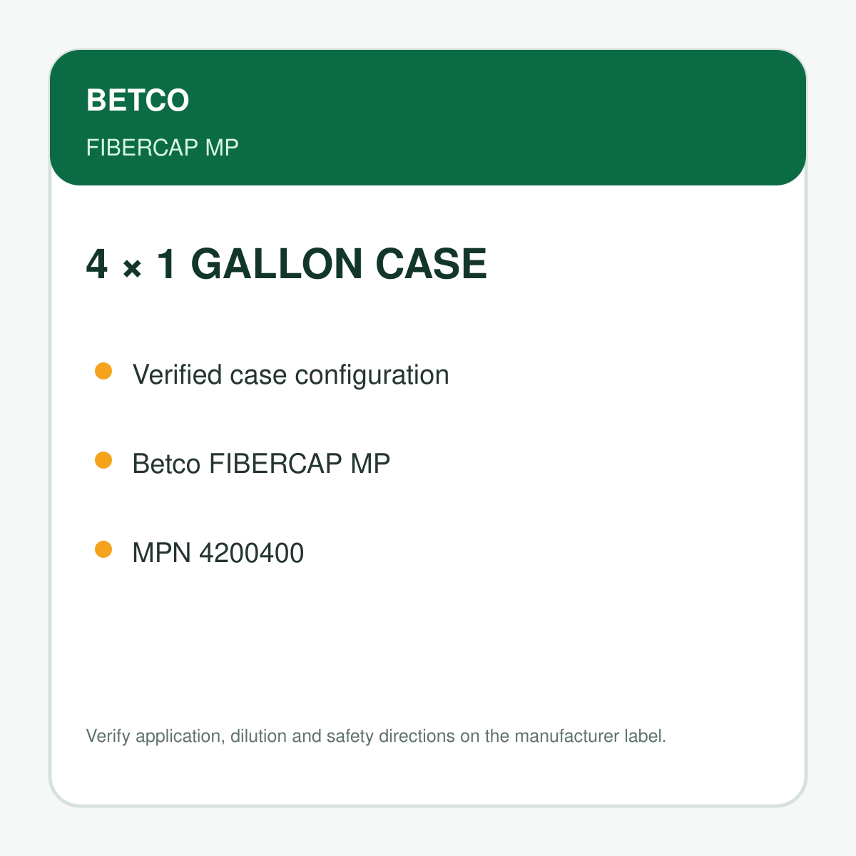 Betco FiberCAP MP case configuration: four 1 gallon containers