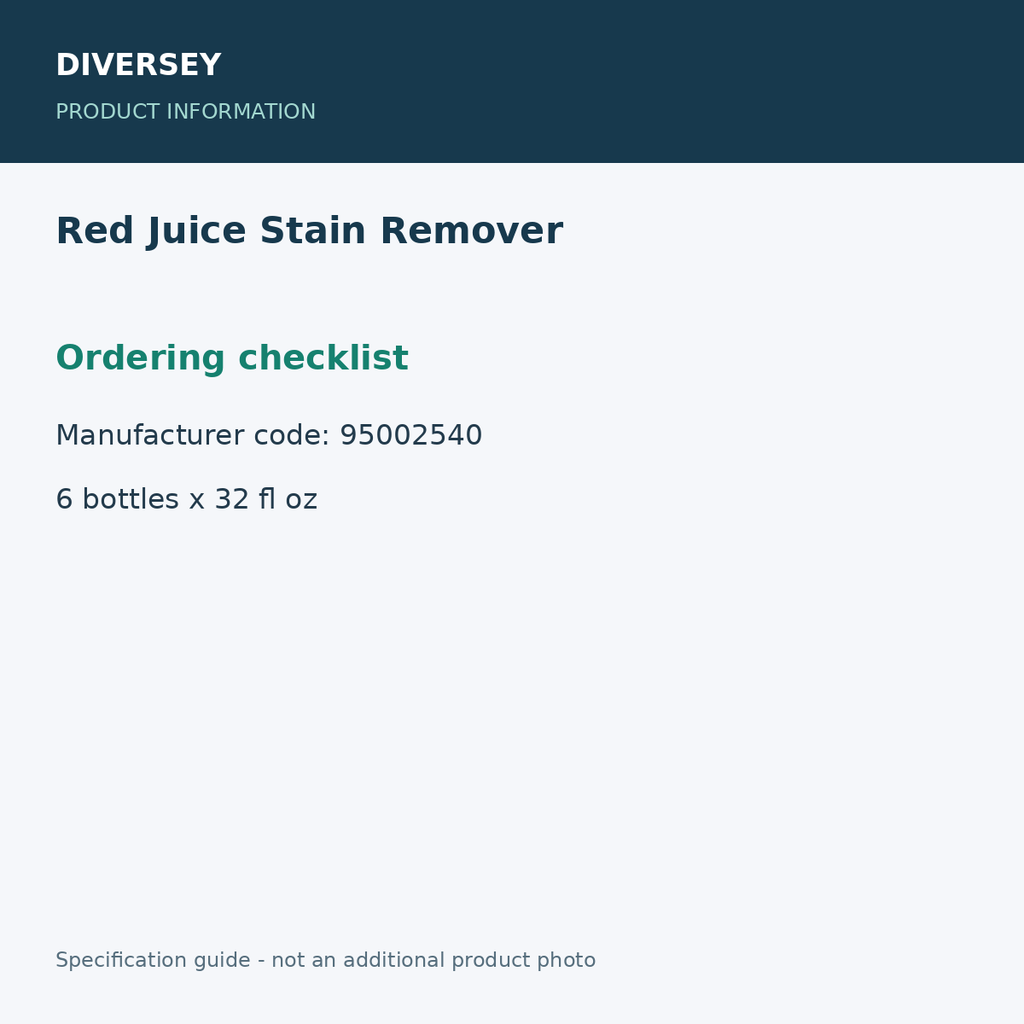 Red Juice Stain Remover - Ordering checklist; 6 bottles x 32 fl oz; product information graphic