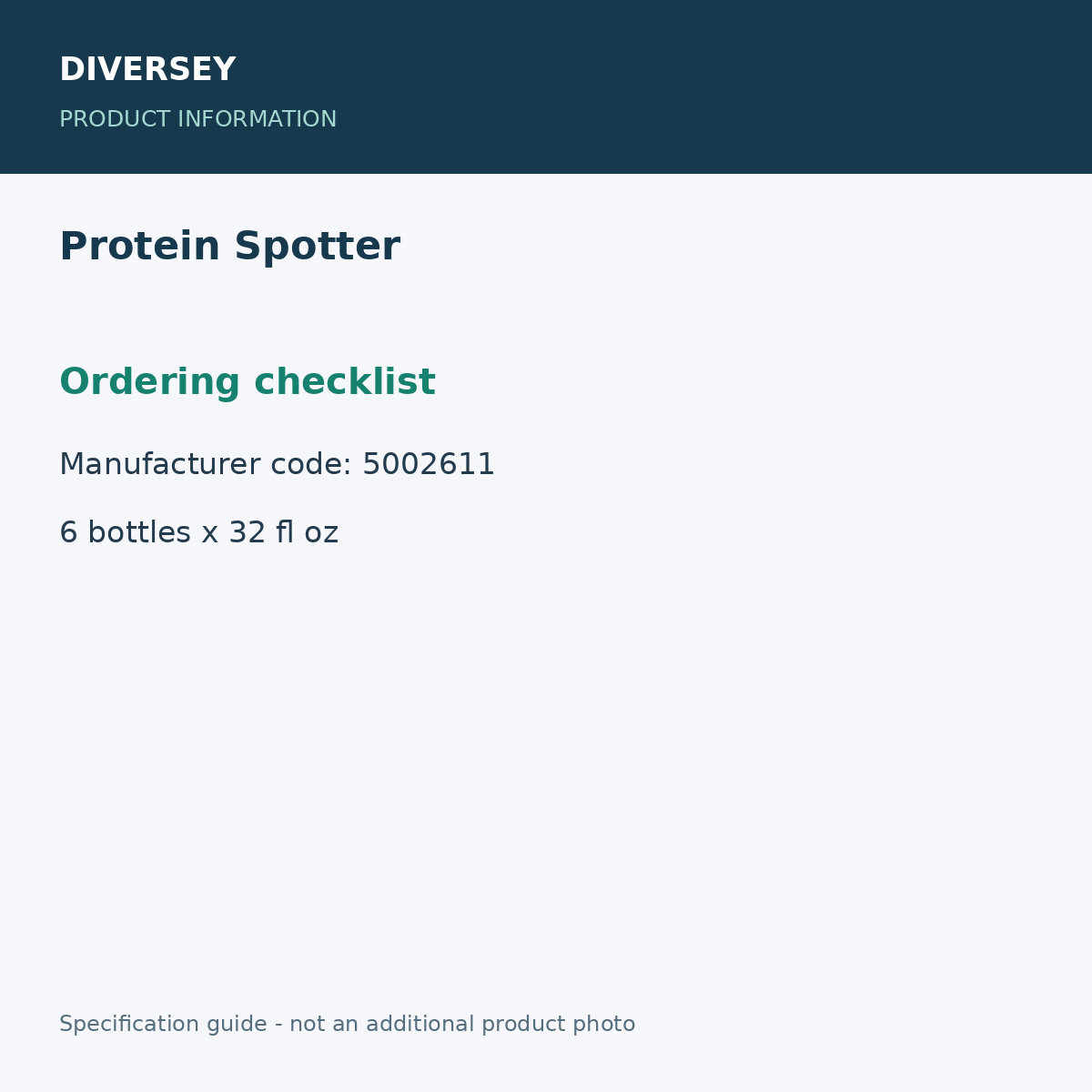 Protein Spotter - Ordering checklist; 6 bottles x 32 fl oz; product information graphic