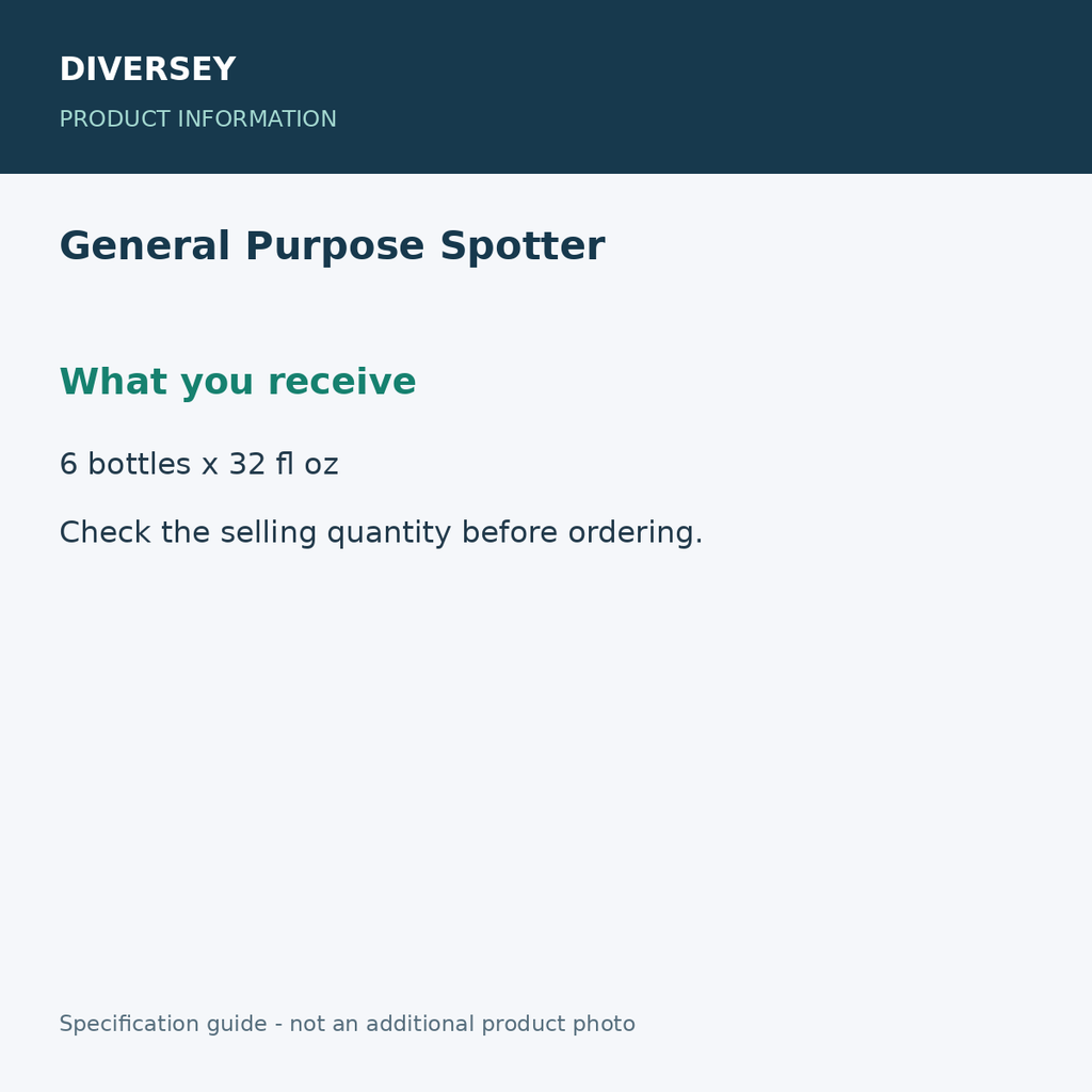 General Purpose Spotter - What you receive; 6 bottles x 32 fl oz; product information graphic