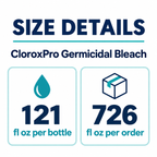 CloroxPro Germicidal Bleach size guide: 121 fl oz per bottle, 726 fl oz per order
