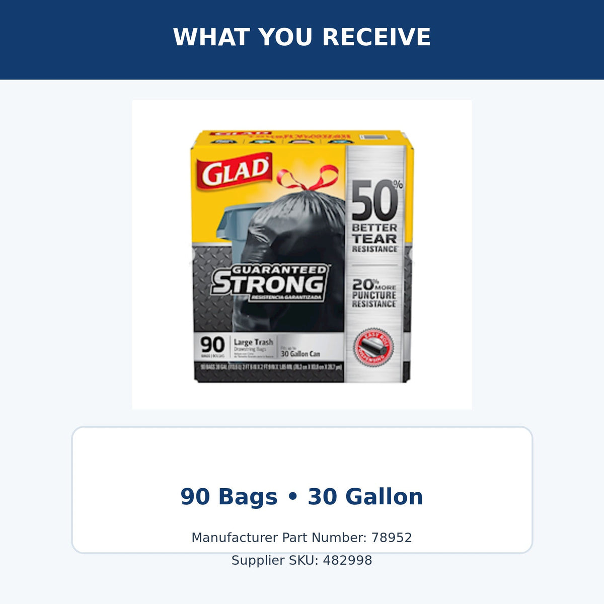 Glad 30 gallon drawstring trash bags MPN 78952 – package quantity