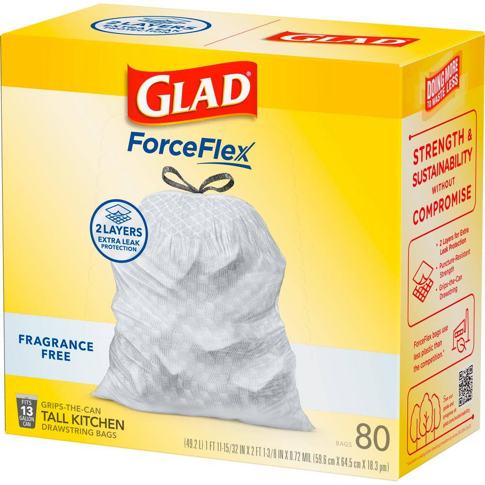 Glad ForceFlex drawstring kitchen trash bags, 13 gallon, 80 per case, MPN 78902