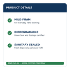 Mild biodegradable foam soap, Green Seal and EcoLogo certified, sanitary sealed refills