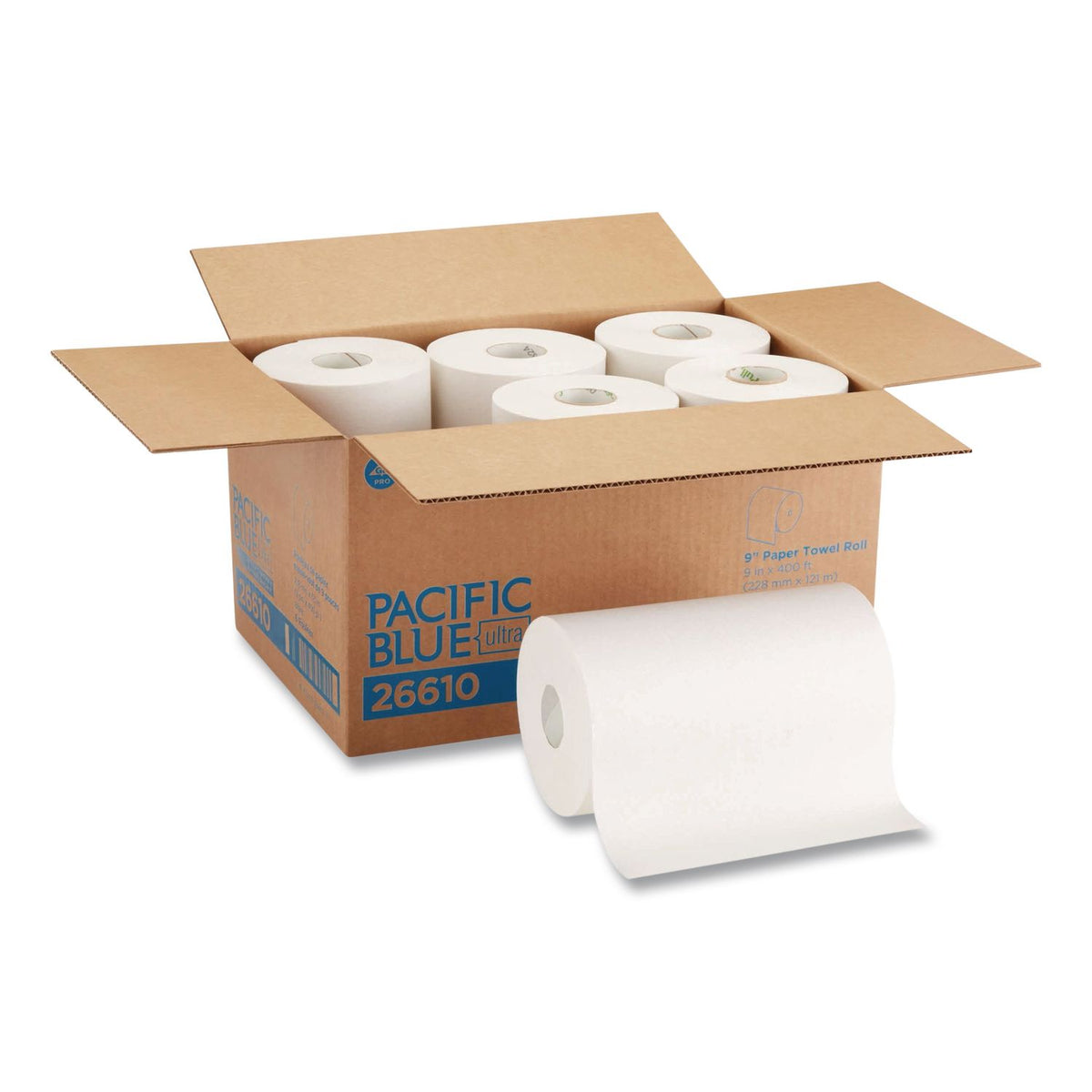GP PRO Pacific Blue white hardwound paper towels, 1-ply, 400 ft, 6 per case, MPN 26610