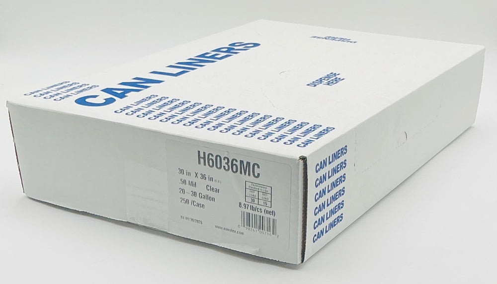 Heritage H6036MC clear can liner case label: 20–30 gallon, 30 × 36 inches, 0.50 mil, 250 bags per case