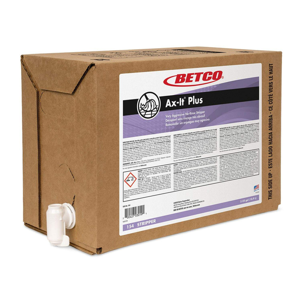 Betco Ax-It Plus 154B500, one 5 US gallon bag-in-box with dispensing tap and product label
