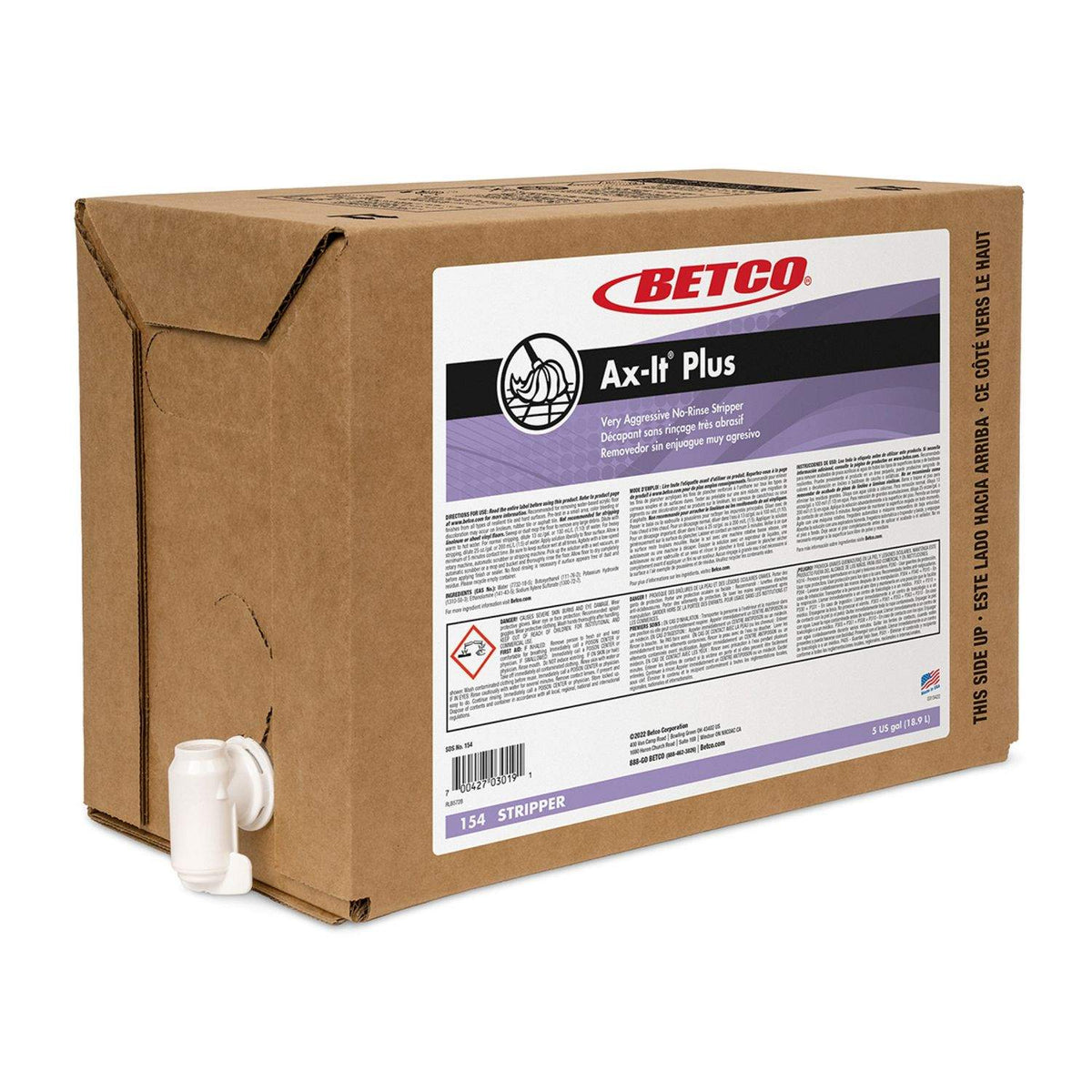 Betco Ax-It Plus 154B500, one 5 US gallon bag-in-box with dispensing tap and product label