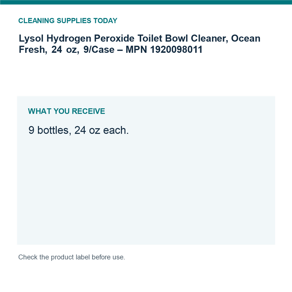 Lysol Hydrogen Peroxide Toilet Bowl Cleaner, Ocean Fresh, 24 oz, 9/Case – MPN 1920098011 — pack guide