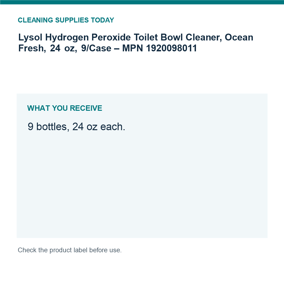 Lysol Hydrogen Peroxide Toilet Bowl Cleaner, Ocean Fresh, 24 oz, 9/Case – MPN 1920098011 — pack guide