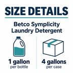 Betco Symplicity Laundry Detergent size guide: 4 bottles, 1 gallon per bottle