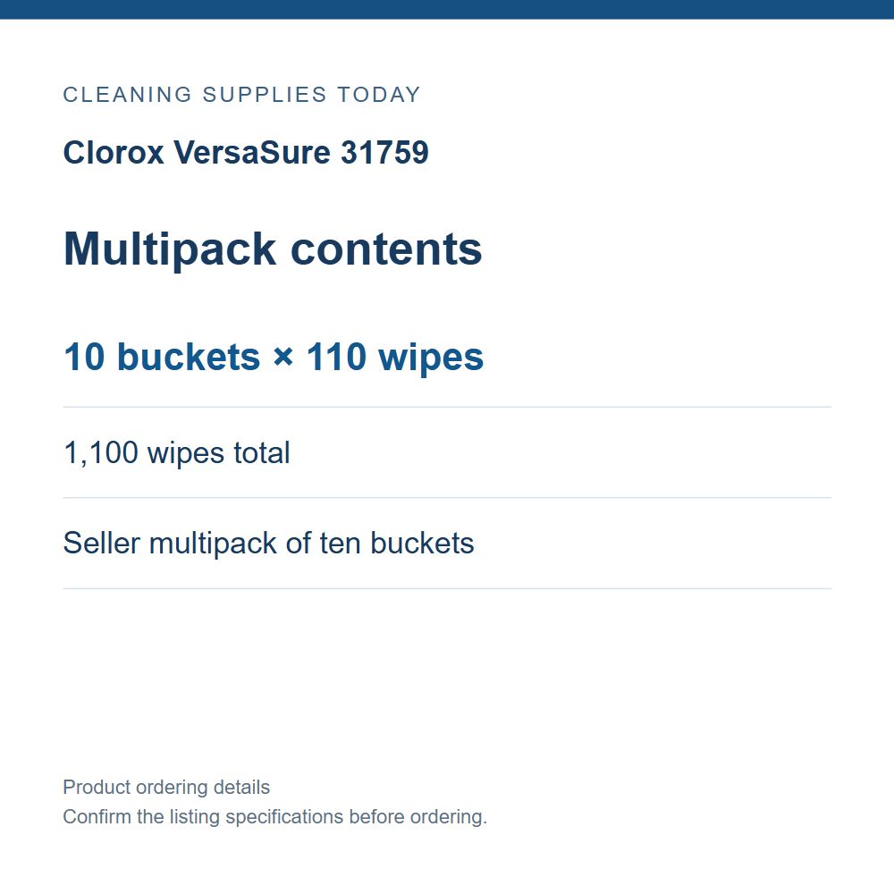 Clorox VersaSure 31759 — Multipack contents; 10 buckets × 110 wipes; 1,100 wipes total; Seller multipack of ten buckets
