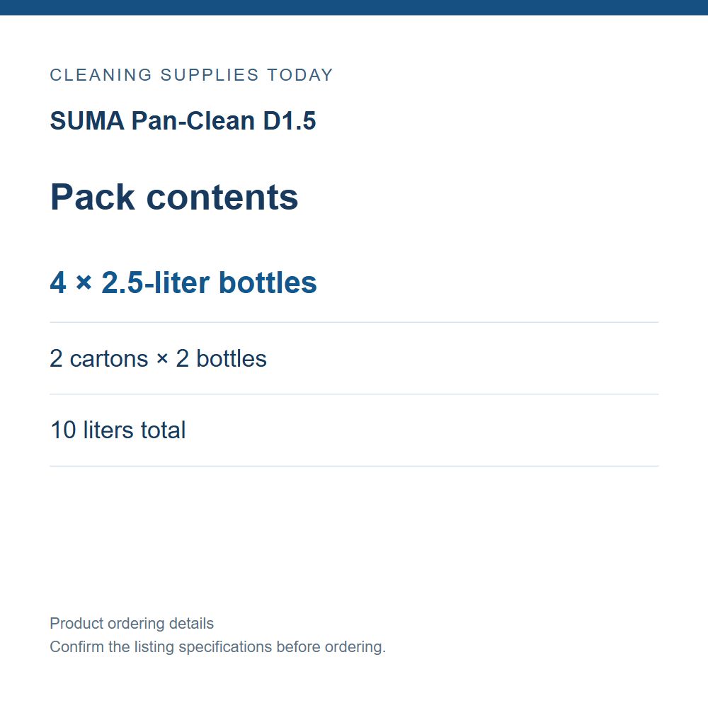 SUMA Pan-Clean D1.5 — Pack contents; 4 × 2.5-liter bottles; 2 cartons × 2 bottles; 10 liters total